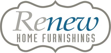 Logo of renew home furnishings featuring stylized blue text inside a green, ornate border.