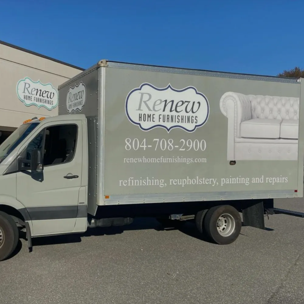 A delivery truck with "renew home furnishings" branding, displaying contact information and services like refinishing, reupholstery, painting, and repairs.